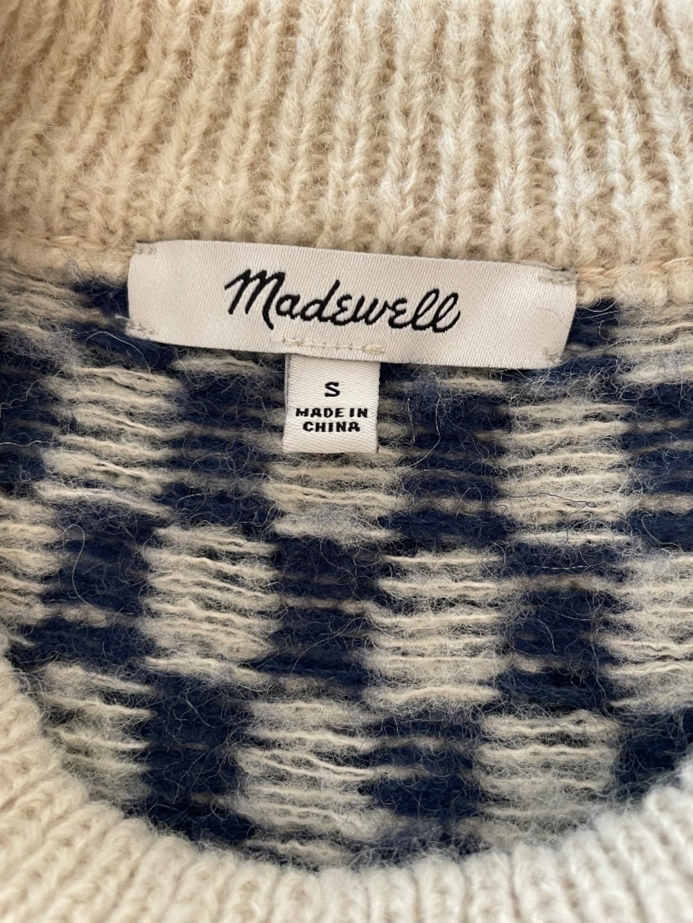 Madewell Navy and Cream Checkered Sweater Alpaca Blend Crewneck ~ SMALL - Picture 4 of 7